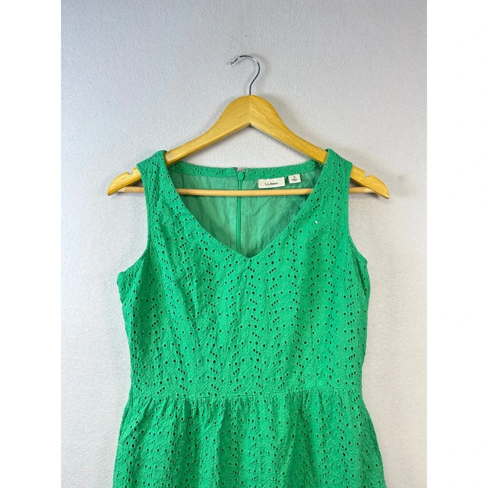 LLBean‎ Green Eyelet V Neck Sleeveless A Line Dress Size 4